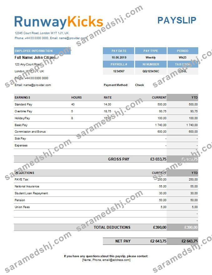 Runway Kicks company payslip template in Excel and PDF formats